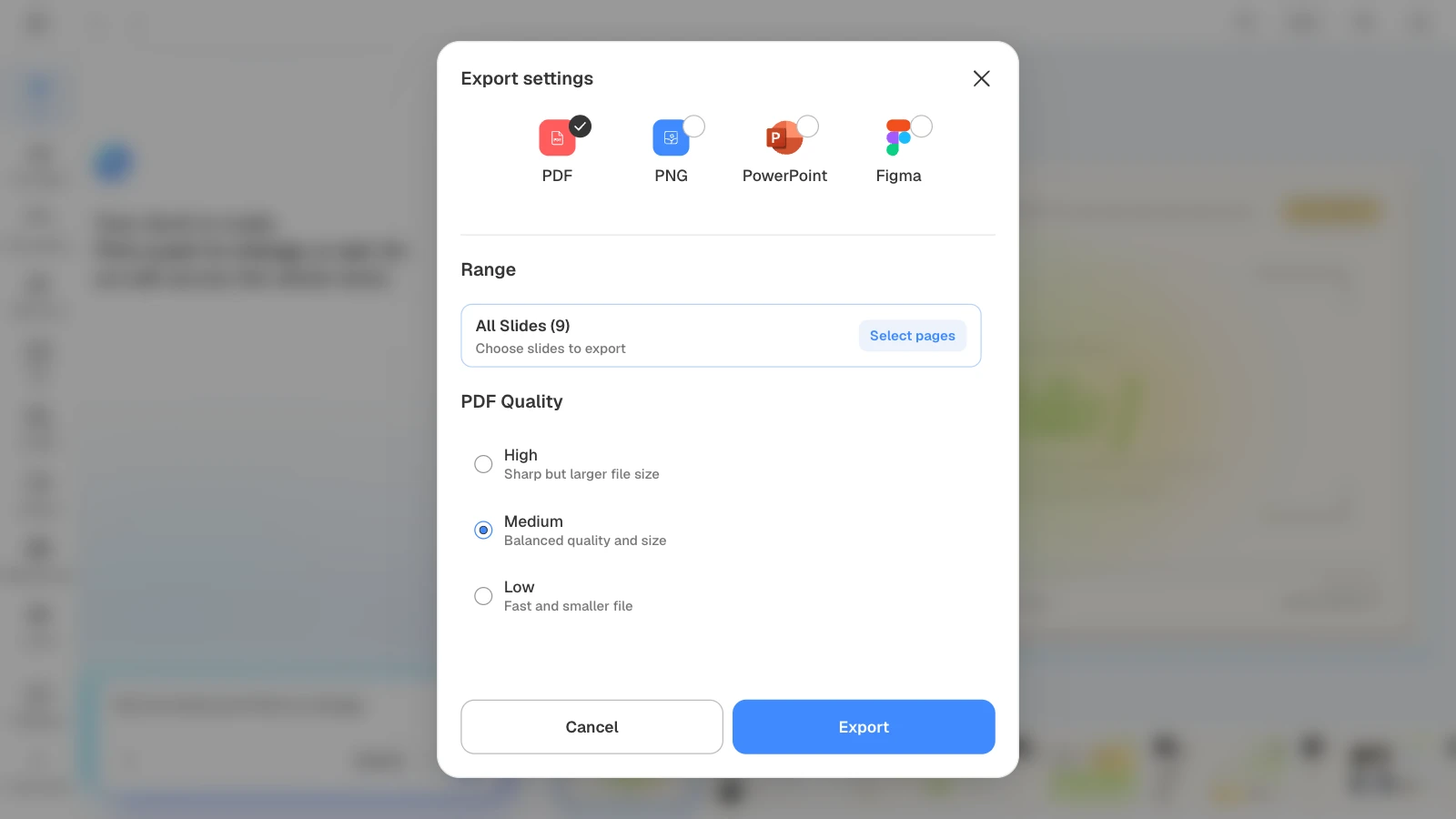 With PDF selected, you can choose High, Medium, or Low quality. MOVO's export settings with PDF, all nine slides, and PDF quality Medium selected
