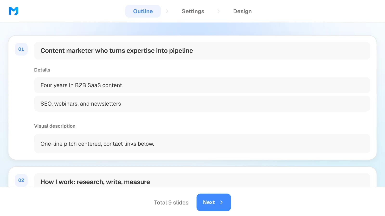 In the outline step, you can edit each slide's title, details, and visual description. MOVO's outline step showing slide titles and details for a content marketer portfolio
