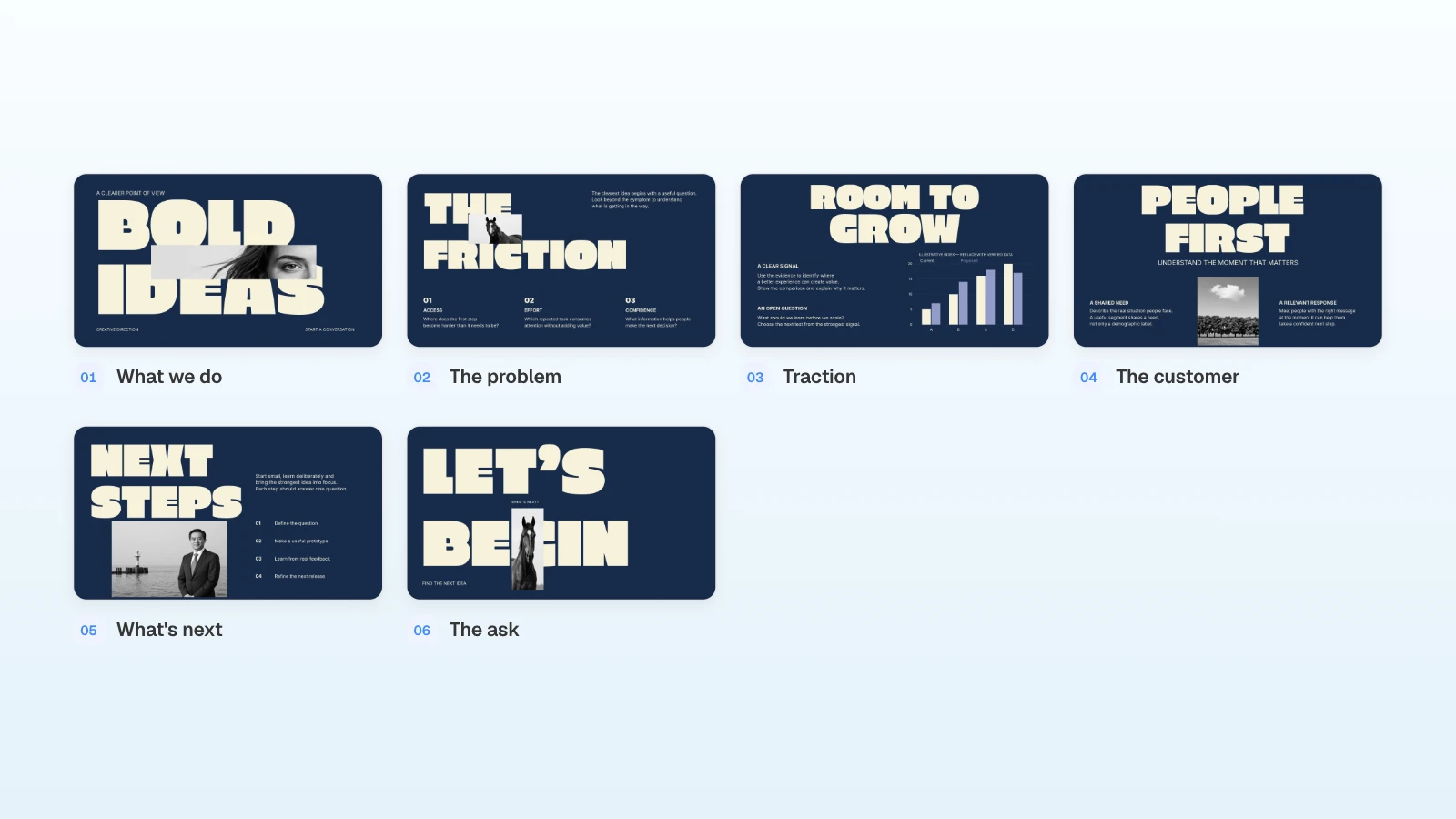 The six slides the demo day prompt asks for, marked on MOVO's 'Navy Monolith Pitch' template. The template's contents are placeholders. Six slides of a bold pitch template, numbered from What we do to The ask