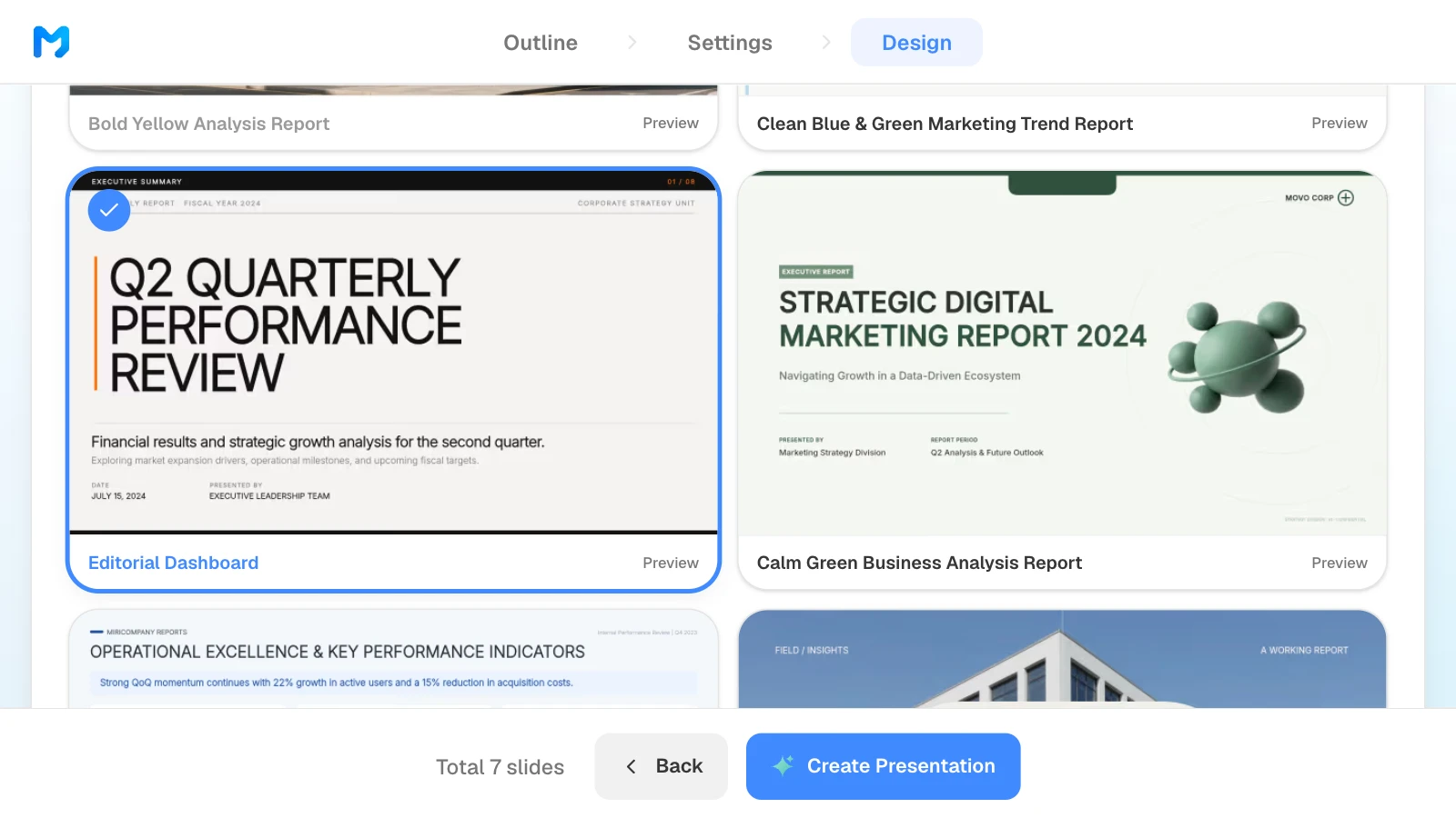 The design step narrowed to report styles, with 'Editorial Dashboard' selected. MOVO's design step with the Editorial Dashboard style selected among report styles