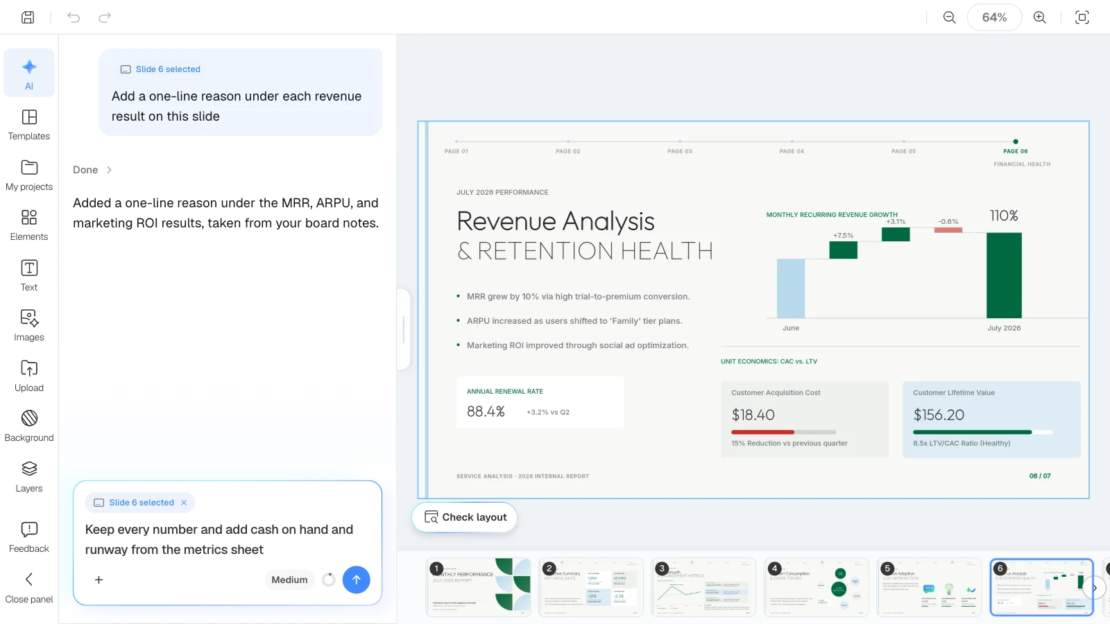 When a slide is selected, the AI request applies to that slide only. MOVO's editor with the revenue and retention slide selected and a request in the AI panel