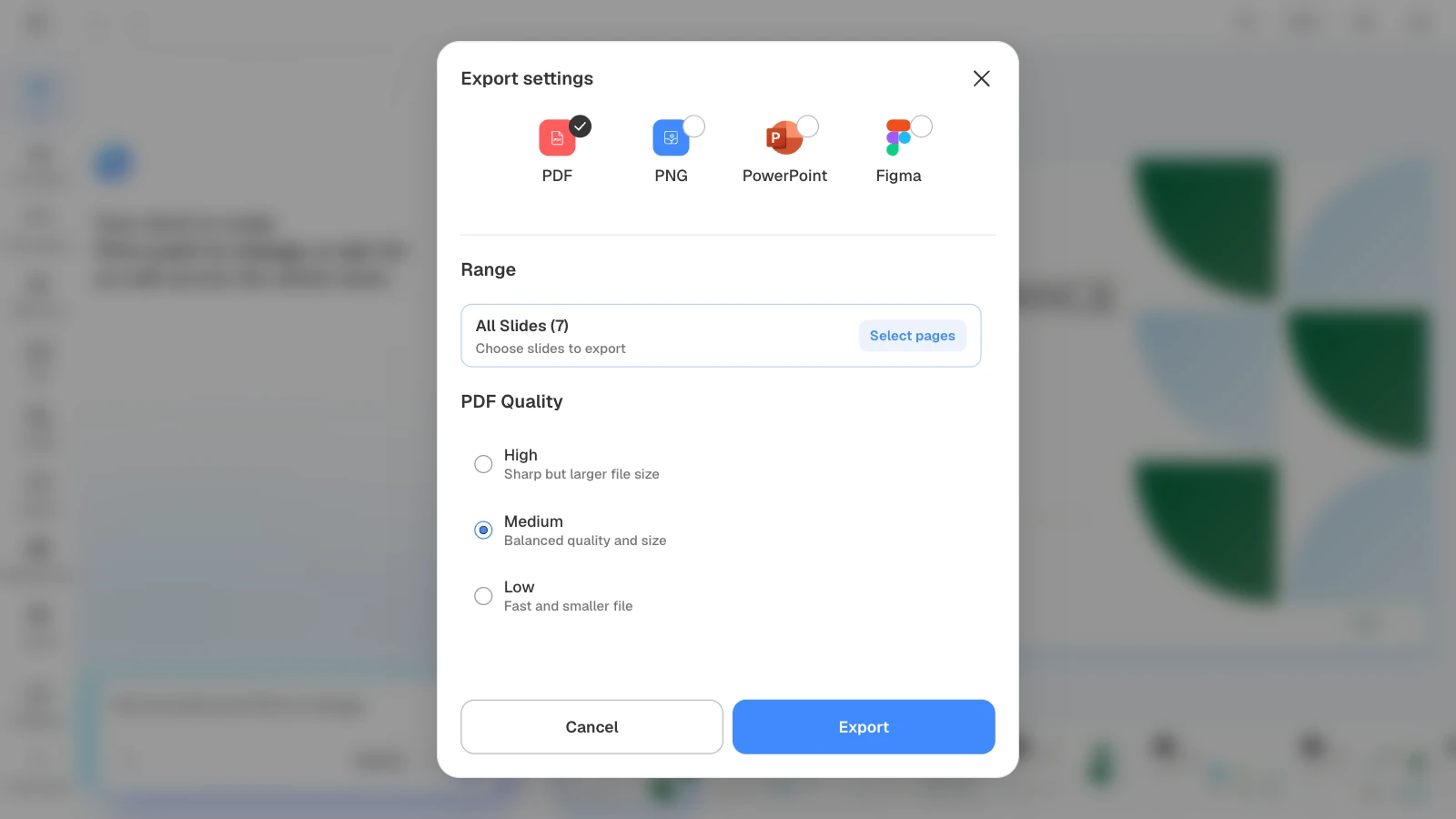Choosing PDF lets you set the range and the quality. MOVO's export settings with PDF, all seven slides, and Medium quality selected