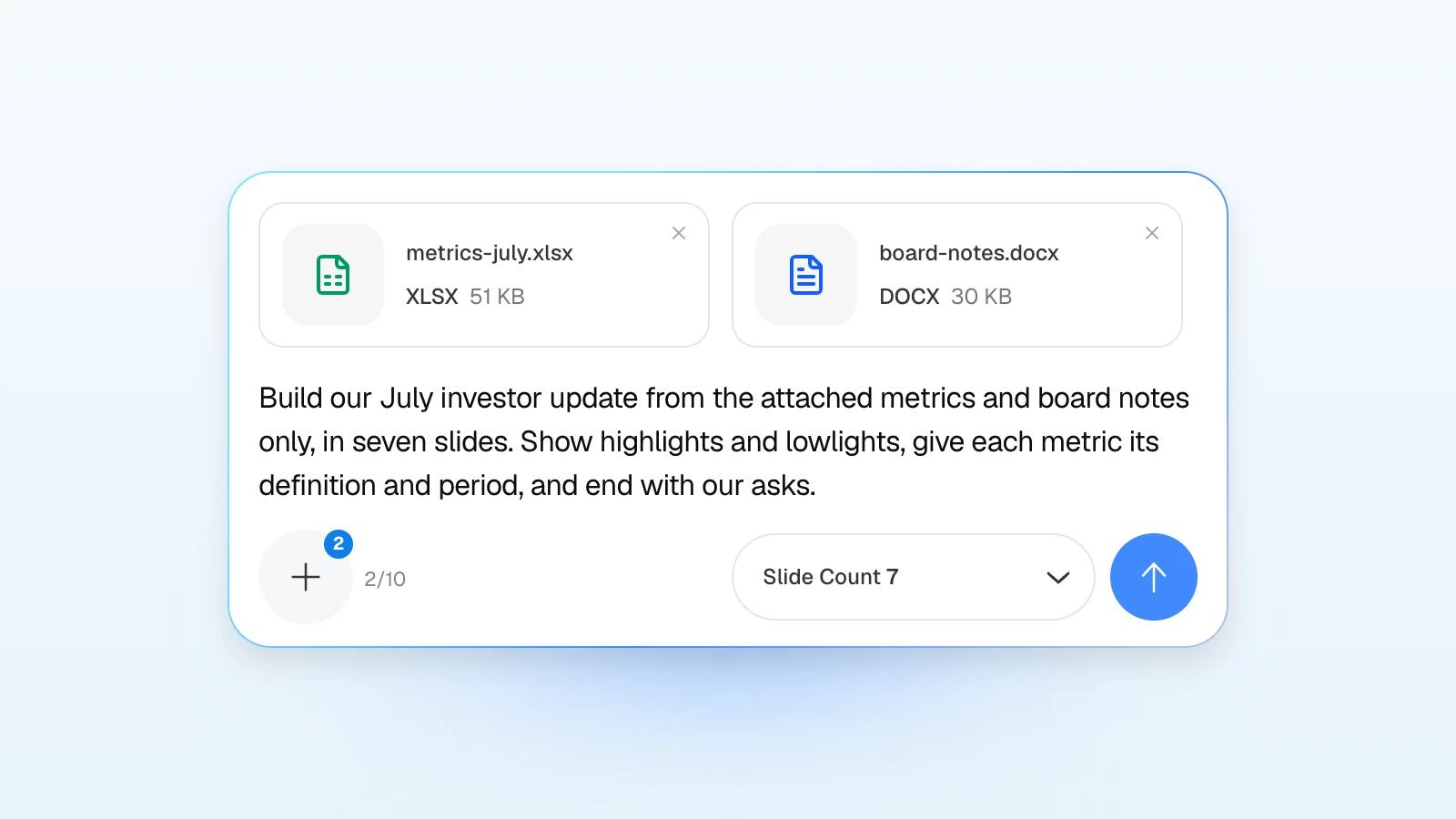 The request asks for highlights and lowlights, definitions, and asks at the end. MOVO's input with a July metrics spreadsheet and board notes attached, asking for a seven-slide investor update