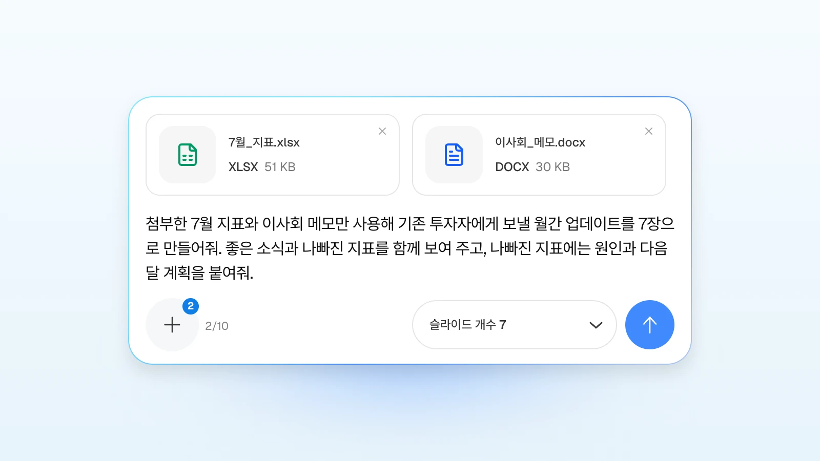 요청에 '나빠진 지표에는 원인과 다음 달 계획을 붙여줘'처럼 지킬 조건을 함께 적습니다. 7월 지표 엑셀과 이사회 메모를 첨부하고 월간 투자자 업데이트를 요청하는 MOVO 입력창