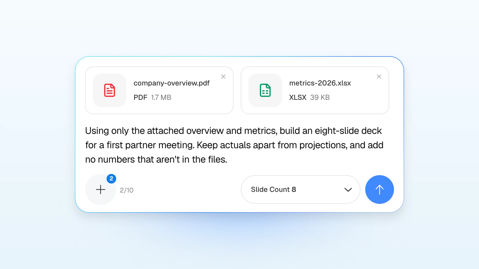 MOVO's input with a company overview PDF and a metrics spreadsheet attached, asking for a first partner meeting deck