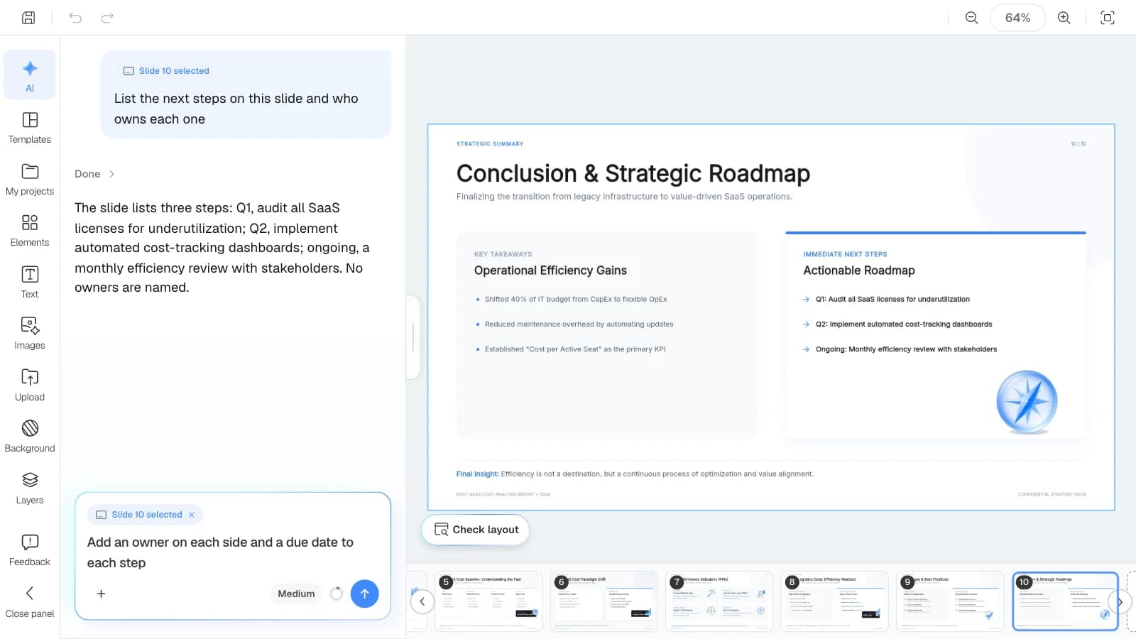 MOVO's 'SaaS Operational Efficiency Report' template open in the editor. With 'Slide 10 selected' attached, the request goes to that slide. MOVO's editor with a roadmap slide selected and the AI listing its next steps