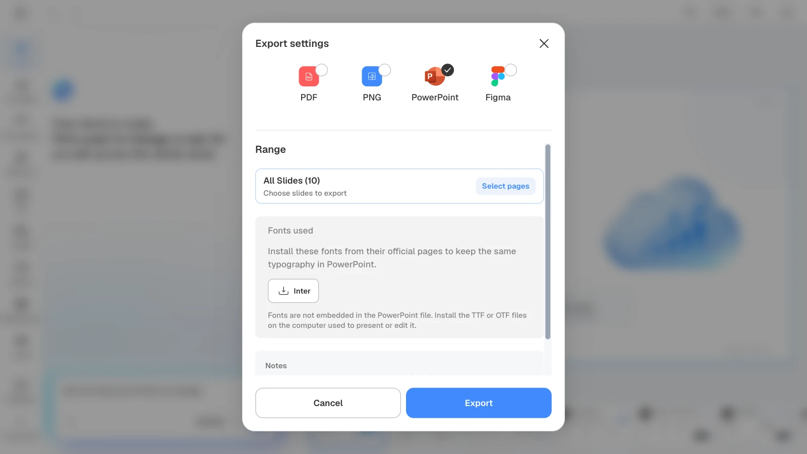 Export settings for the 10-slide template deck. Choosing PowerPoint lists the font it uses (Inter) with install guidance. MOVO's export settings with PowerPoint selected and the fonts used listed