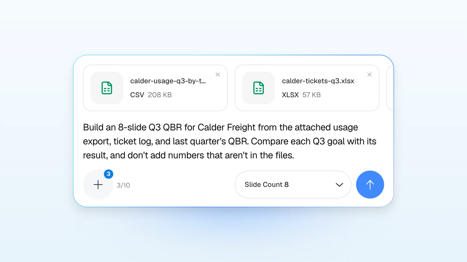 A short version of the request below. Its last rule stops MOVO from adding numbers that aren't in the files. MOVO's input with three files attached, a usage CSV and a ticket log in Excel in view, asking for an 8-slide Q3 QBR