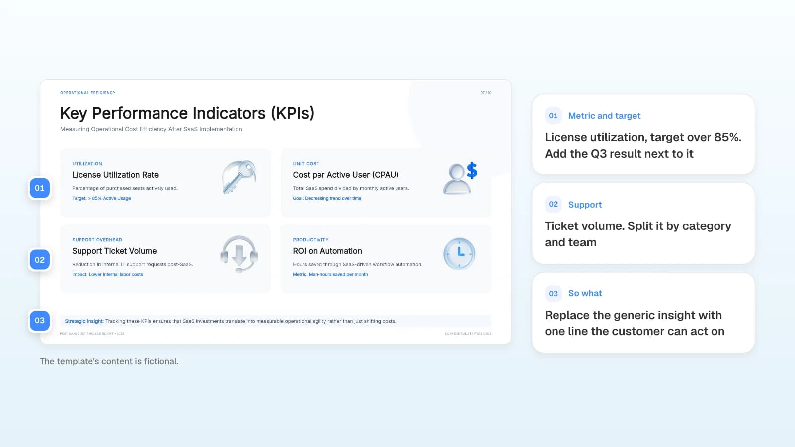 The KPI slide of MOVO's 'SaaS Operational Efficiency Report' template. The template's content is fictional. The KPI slide of a SaaS report template with its metric, support card, and insight line marked with numbers