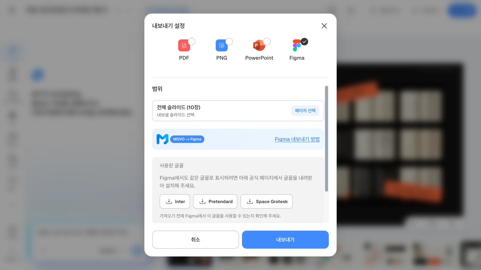 Figma를 고르면 'Figma 내보내기 방법' 안내와 사용된 글꼴이 함께 보입니다. 그림은 10장짜리 '독립 서점 문화공간 리브랜딩 제안서' 템플릿으로 연 화면입니다. Figma 형식을 고르고 범위 전체 슬라이드 10장과 사용된 글꼴 Inter·Pretendard·Space Grotesk가 보이는 MOVO 내보내기 설정