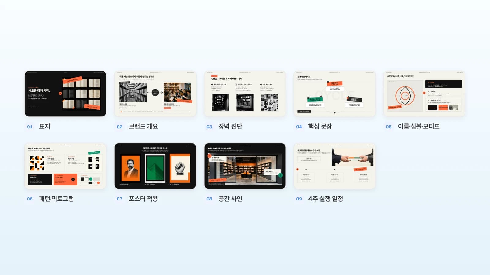 표지부터 4주 실행 일정까지 번호를 붙인 MOVO 독립 서점 문화공간 리브랜딩 제안서 템플릿 9장