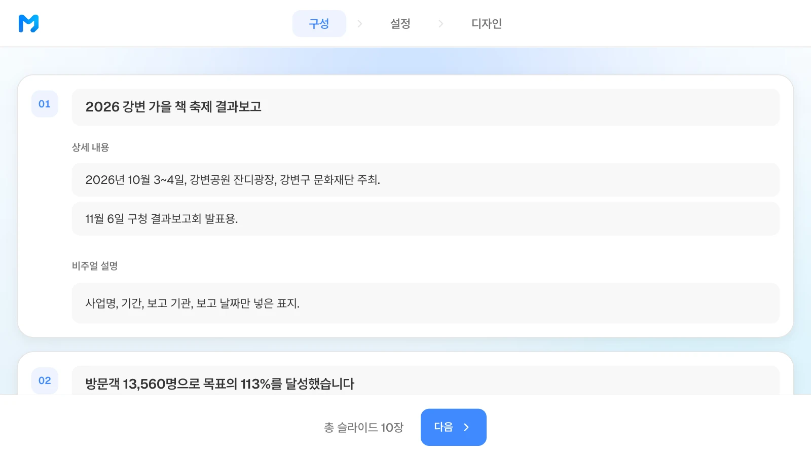 구성 단계에서 장별 제목, 상세 내용, 비주얼 설명을 고칠 수 있습니다. 예시 재단과 숫자는 가상입니다. 책 축제 결과보고서 1장 카드의 제목, 상세 내용, 비주얼 설명과 2장 제목이 보이는 MOVO 구성 단계