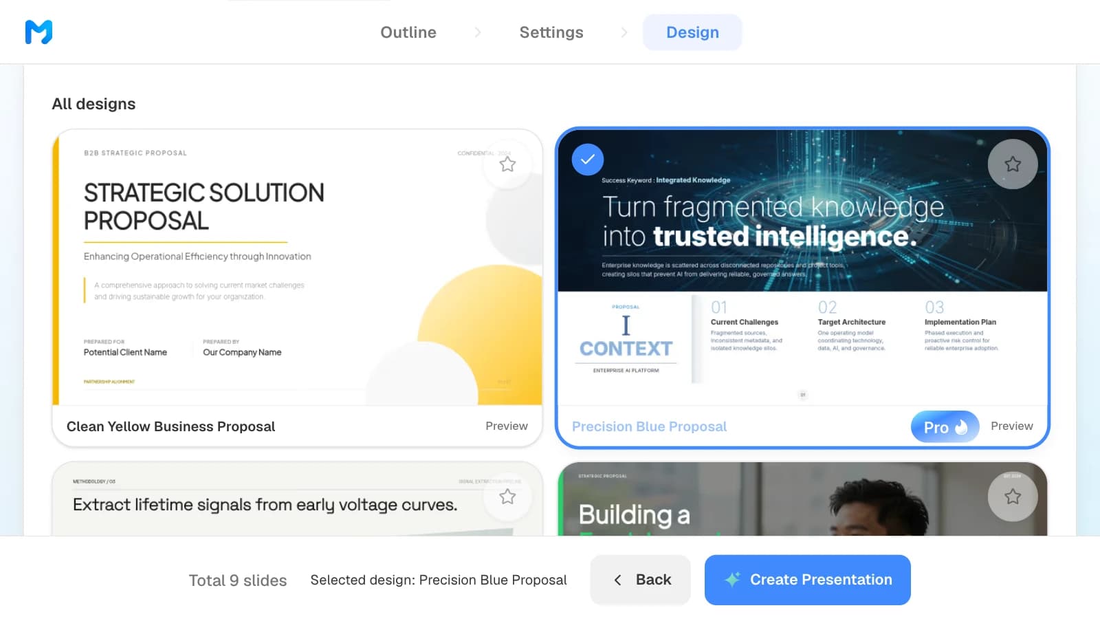 The 'Precision Blue Proposal' style selected, with a Pro badge; the bottom bar names the selected design before you click 'Create Presentation'. MOVO's design step with the Precision Blue Proposal style selected and named in the bottom bar