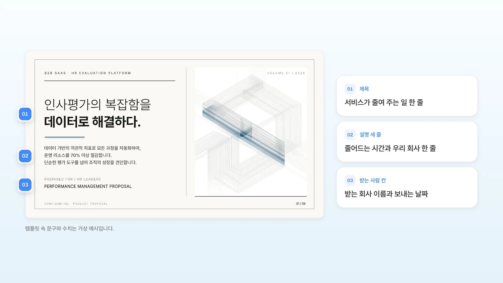 MOVO 템플릿 'B2B SaaS 제품 소개서'의 표지입니다. 'PREPARED FOR' 자리가 받는 회사 이름이 들어갈 칸입니다. 템플릿 속 문구와 수치는 가상 예시입니다. 표지 슬라이드의 제목·설명 세 줄·받는 사람 칸을 번호로 표시하고 근무 관리 서비스라면 적을 내용을 옆에 정리한 그림