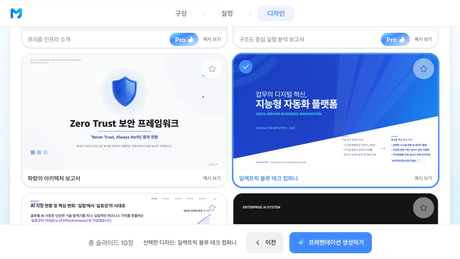 '기술 / 시스템형'으로 거른 스타일 가운데 B2B SaaS 제안서 샘플이 붙은 스타일을 고른 화면입니다. 위쪽 두 카드의 'Pro'는 유료 요금제 전용 표시이고, 카드 속 샘플 슬라이드는 스타일 예시입니다. '지능형 자동화 플랫폼' 표지 샘플이 보이는 '일렉트릭 블루 테크 컴퍼니' 카드에 체크가 붙고, 아래 막대에 '선택한 디자인: 일렉트릭 블루 테크 컴퍼니'와 '프레젠테이션 생성하기'가 보이는 MOVO 디자인 단계
