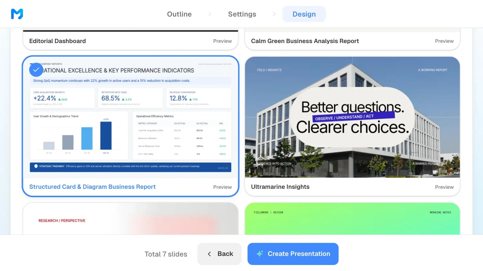 The design step narrowed to report styles, with 'Structured Card & Diagram Business Report' selected. MOVO's design step with the Structured Card & Diagram Business Report style selected from the report styles