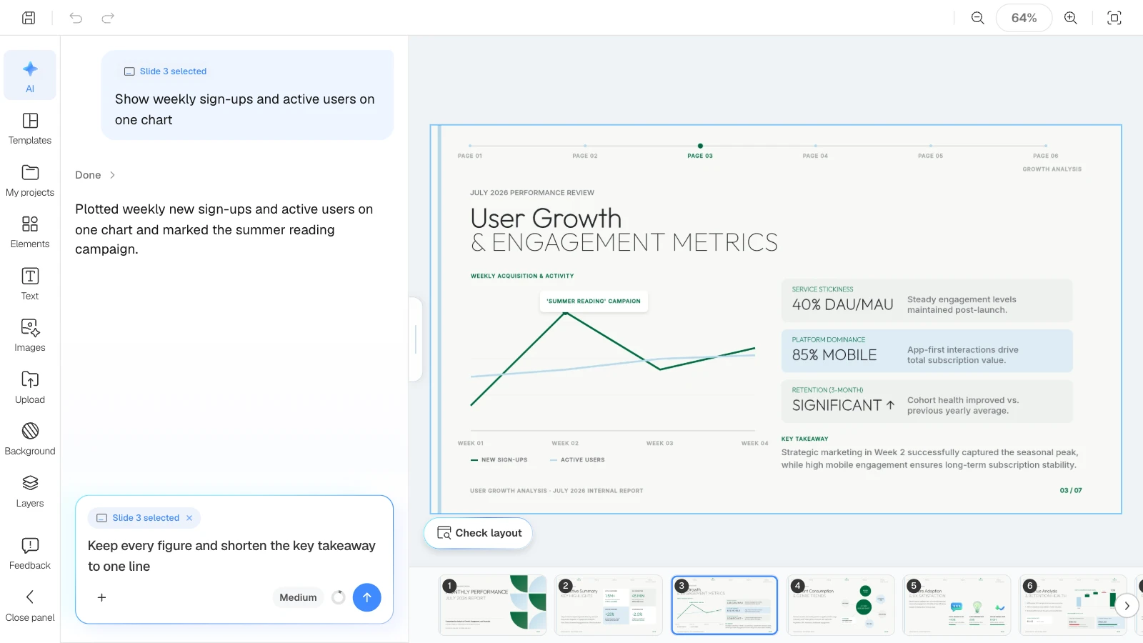 When a slide is selected, the AI request applies to that slide only. MOVO's editor with the user growth slide selected and a request to shorten the takeaway in the AI panel
