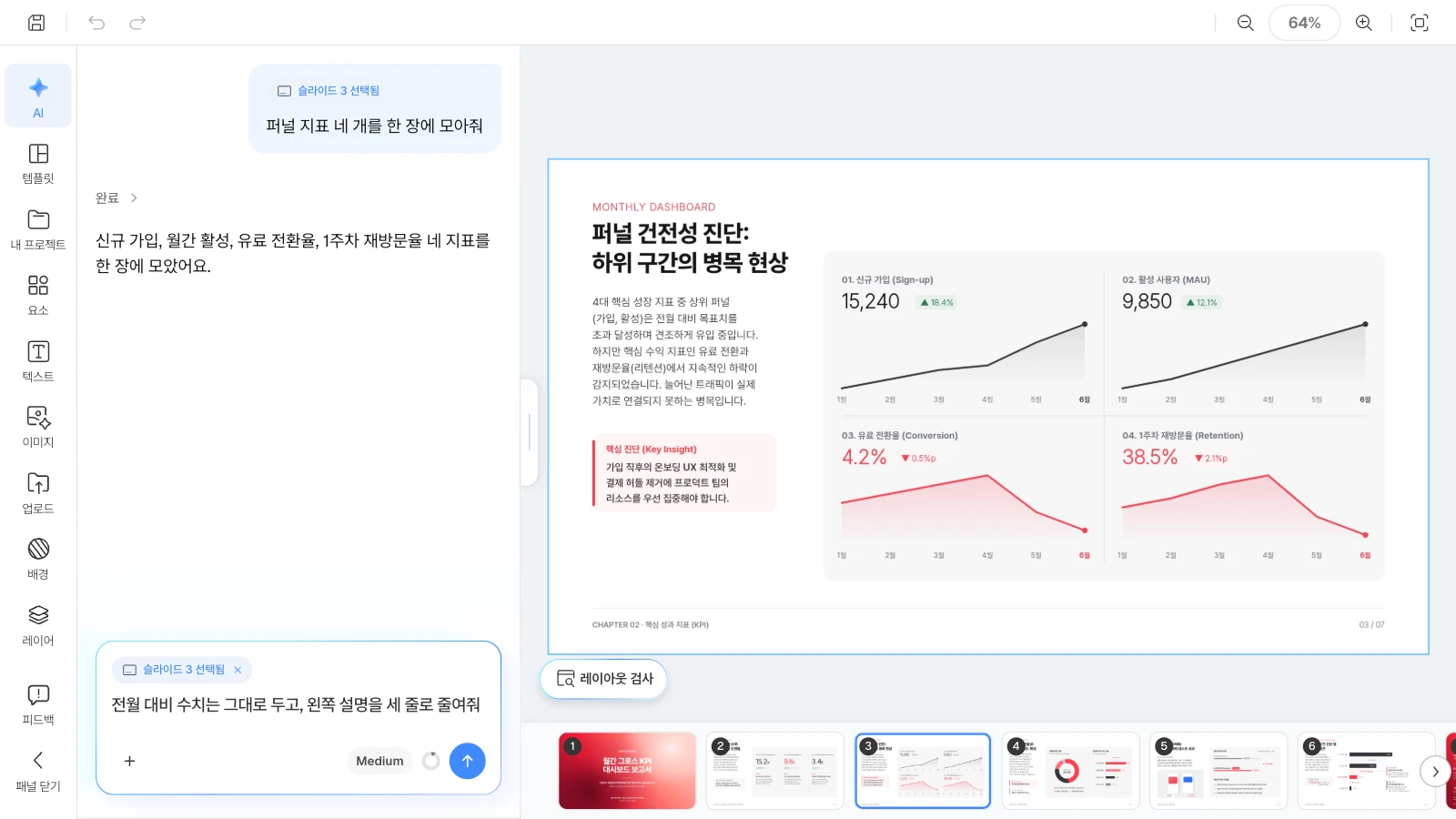 슬라이드를 고르면 AI 요청이 그 슬라이드에만 적용됩니다. 퍼널 진단 슬라이드를 고르고 AI 패널에 설명을 줄여 달라고 요청하는 MOVO 에디터