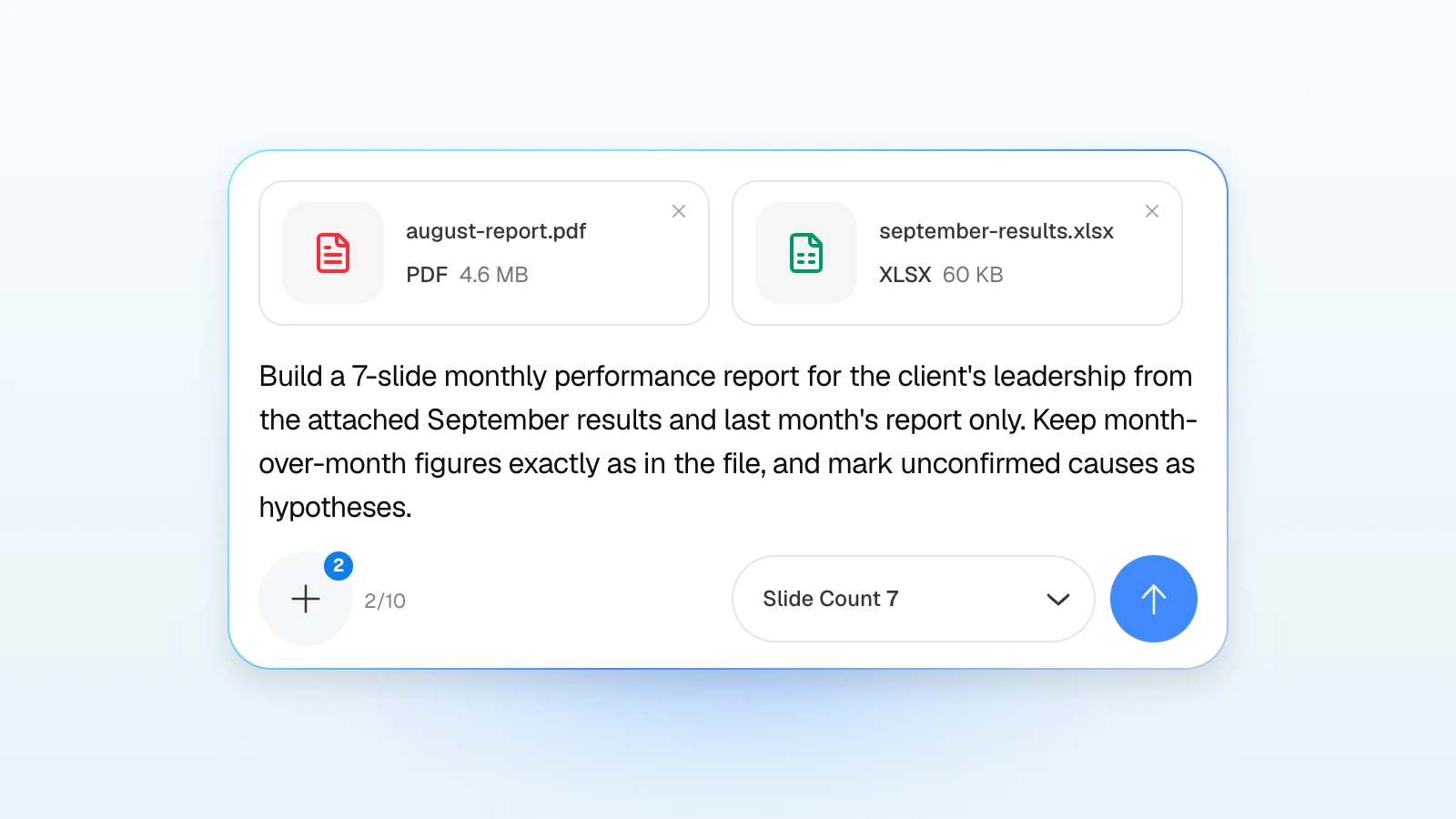 You can add rules to the request, such as marking unconfirmed causes as hypotheses. MOVO's input with last month's report PDF and this month's results spreadsheet attached, asking for a monthly report