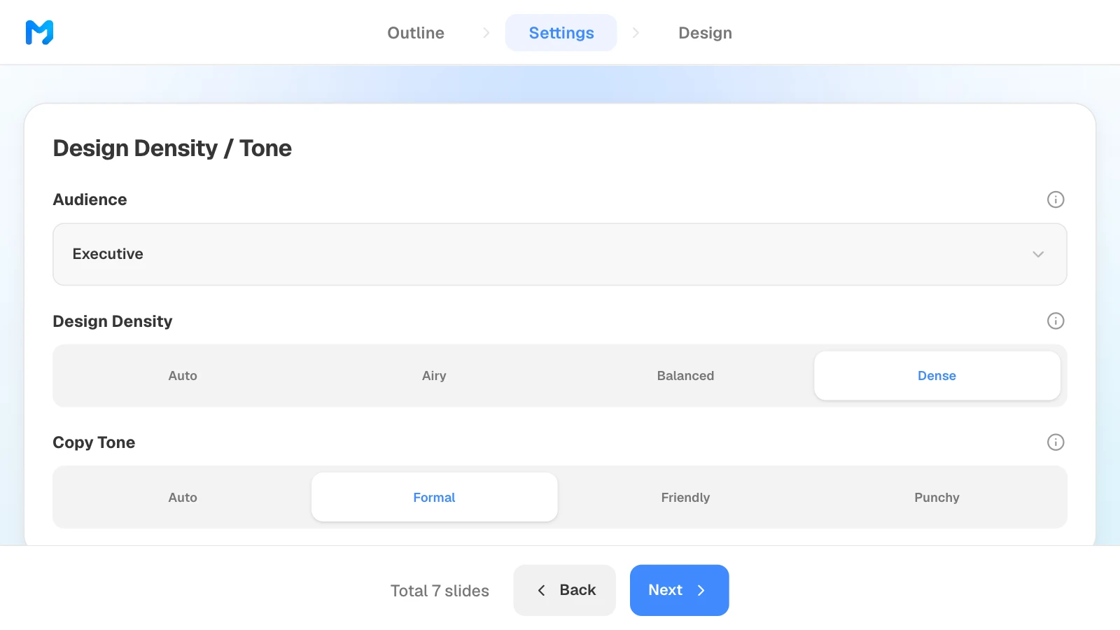 Design density can be Auto, Airy, Balanced, or Dense. MOVO's settings step with audience Executive, design density Dense, and copy tone Formal