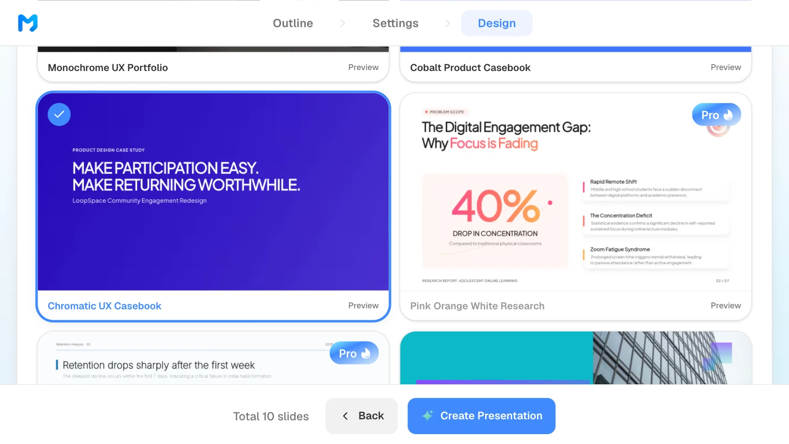 The design step narrowed to 'Process / Validation', with 'Chromatic UX Casebook' selected. MOVO's design step with the Process / Validation type and the Chromatic UX Casebook style selected
