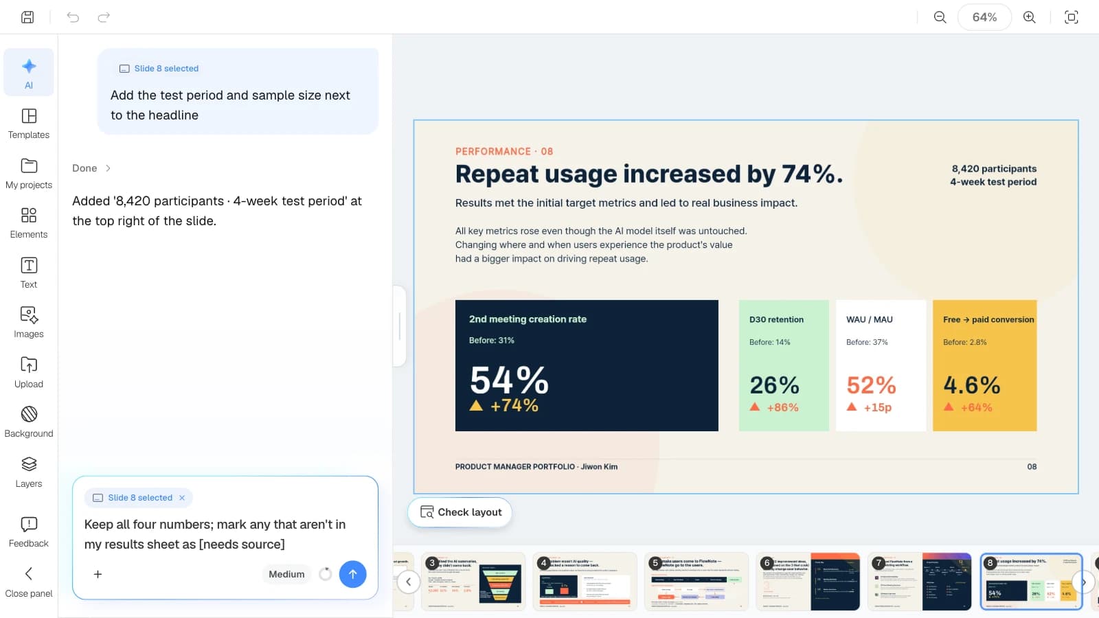 When a slide is selected, the AI request applies to that slide only. The person and figures in the template are fictional. MOVO's editor with the results slide selected and a source-check request in the AI panel