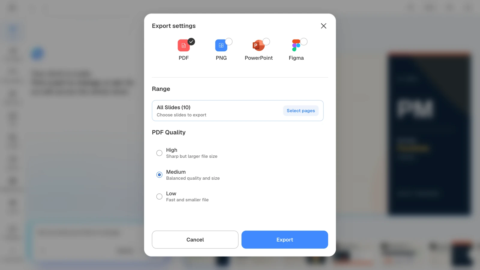 With PDF selected, you can choose High, Medium, or Low quality. MOVO's export settings with PDF, all ten slides, and PDF quality Medium selected