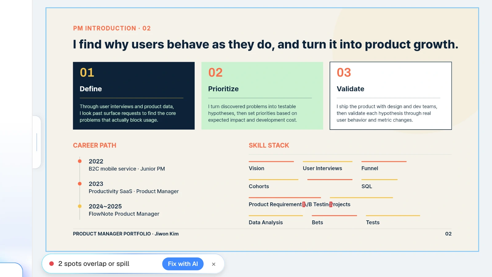 For this example, we moved the 'A/B Testing' label onto the two labels beside it, then ran Check layout. MOVO's Check layout result finding two overlapping labels on a PM introduction slide