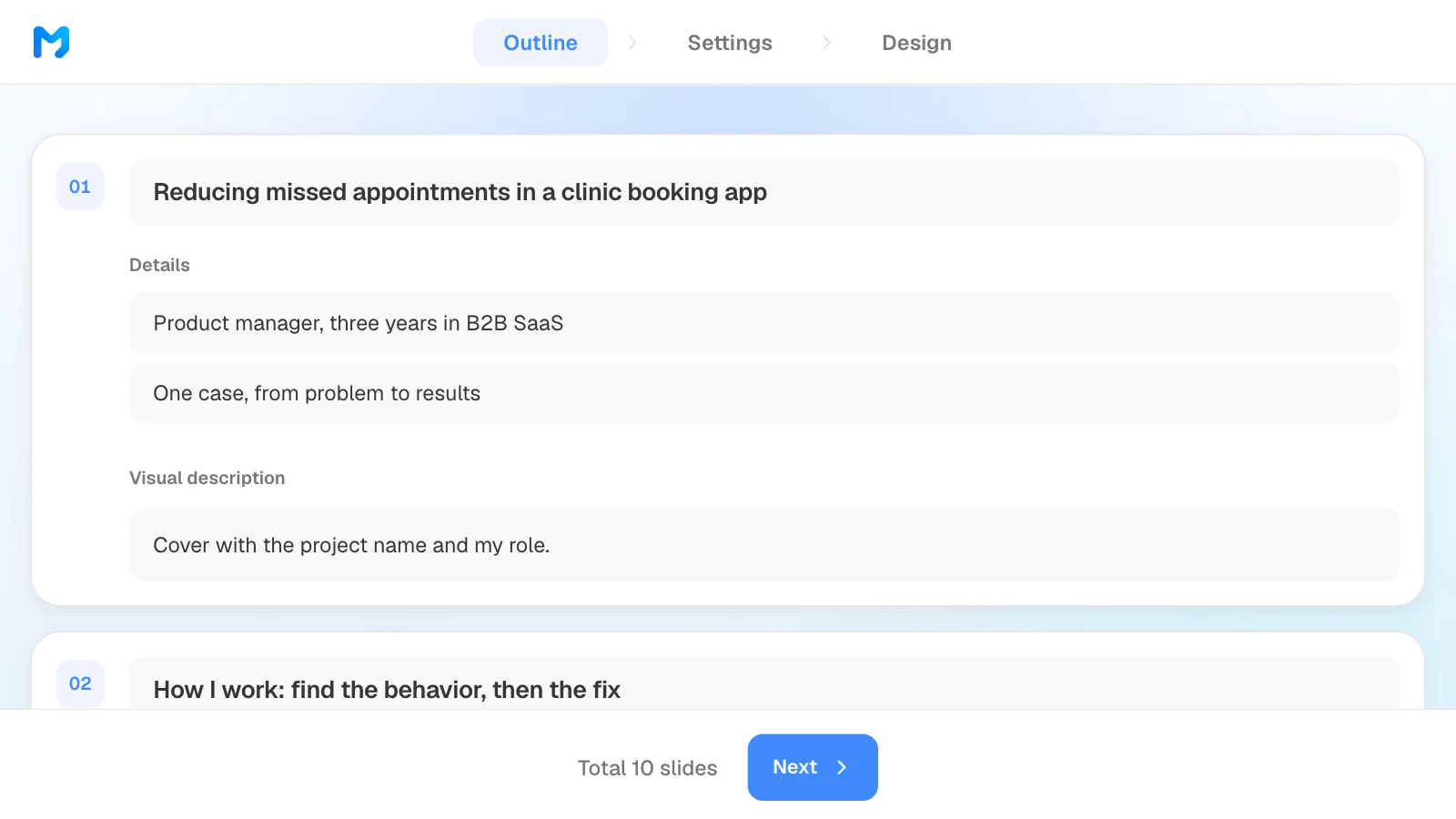 In the outline step, you can edit each slide's title, details, and visual description. MOVO's outline step showing slide titles and details for a PM case study