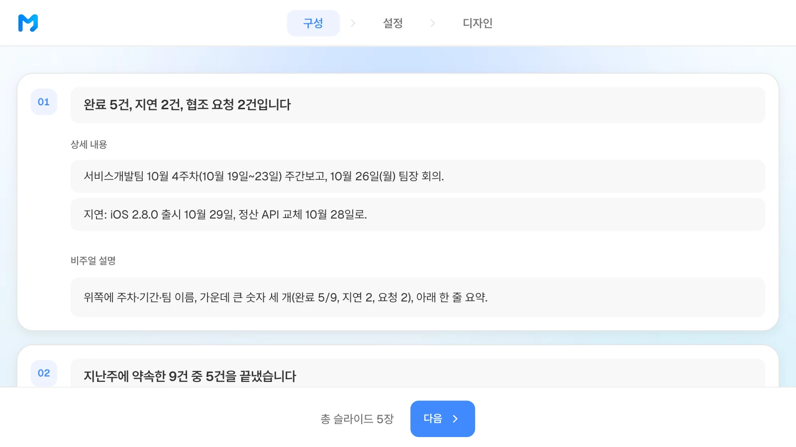 구성 단계에서 장마다 제목, 상세 내용, 비주얼 설명을 고칠 수 있습니다. 예시 팀과 숫자는 가상입니다. 10월 4주차 주간보고 1장 카드의 제목·상세 내용·비주얼 설명과 2장 제목이 보이는 MOVO 구성 단계
