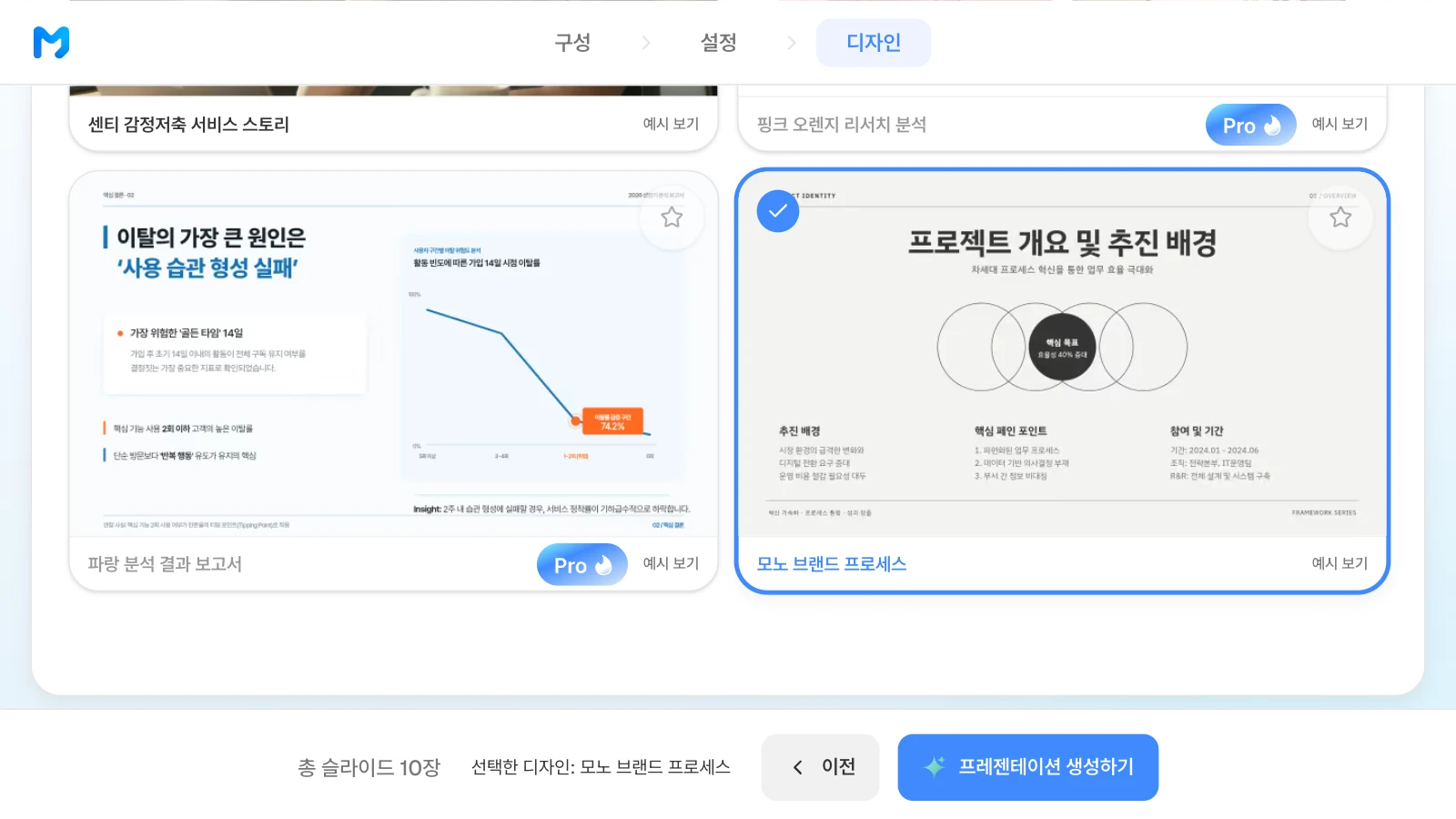'모노 브랜드 프로세스'를 고른 화면입니다. 카드 속 슬라이드는 스타일 샘플이며 내용은 가상입니다. '모노 브랜드 프로세스' 스타일을 고르고 아래 막대에 선택한 디자인이 표시된 MOVO 디자인 단계