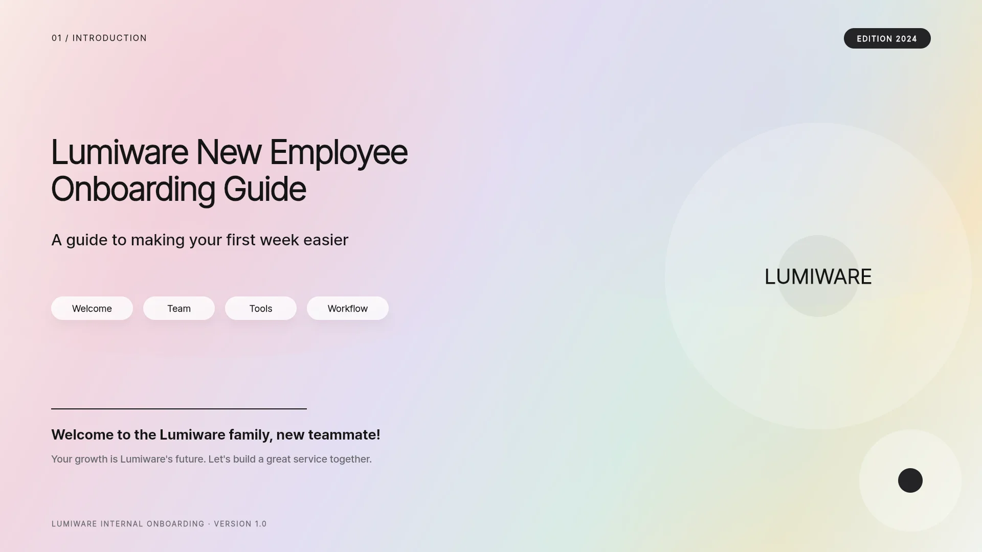The first slide of the New Employee Onboarding Guide template. Cover of the New Employee Onboarding Guide template