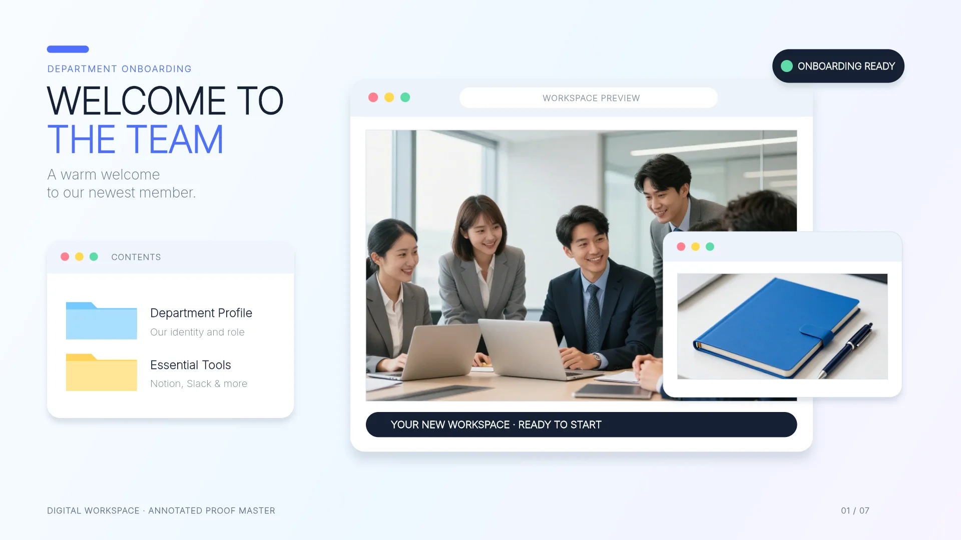 The first slide of the New Team Member Onboarding Guide template. Cover of the New Team Member Onboarding Guide template