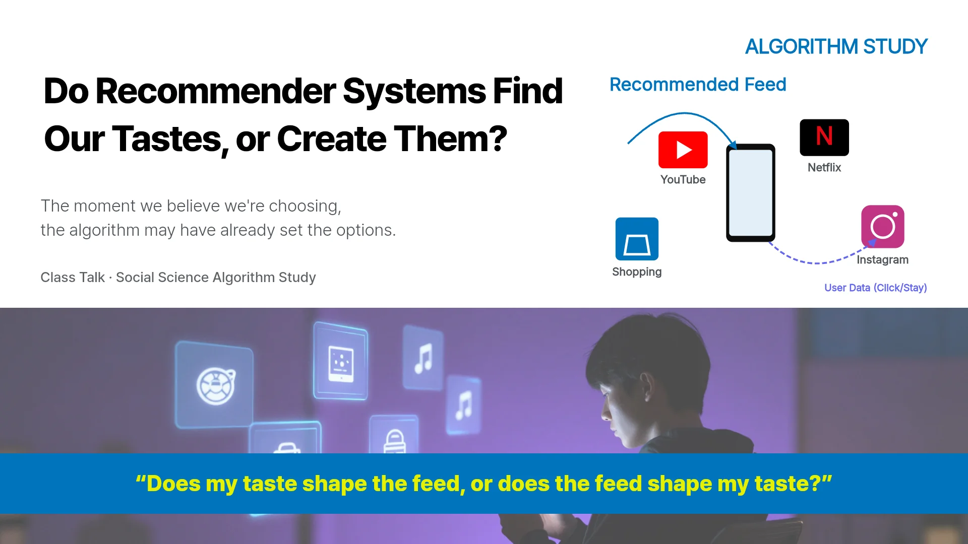 The first slide of the Algorithms & Taste: Recommender Study template. Cover of the Algorithms & Taste: Recommender Study template
