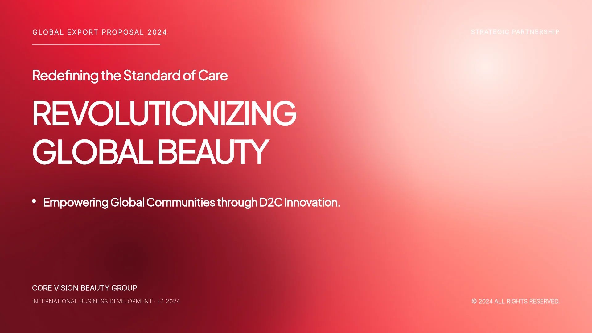 The first slide of the D2C Beauty Global Export Pitch template. Cover of the D2C Beauty Global Export Pitch template