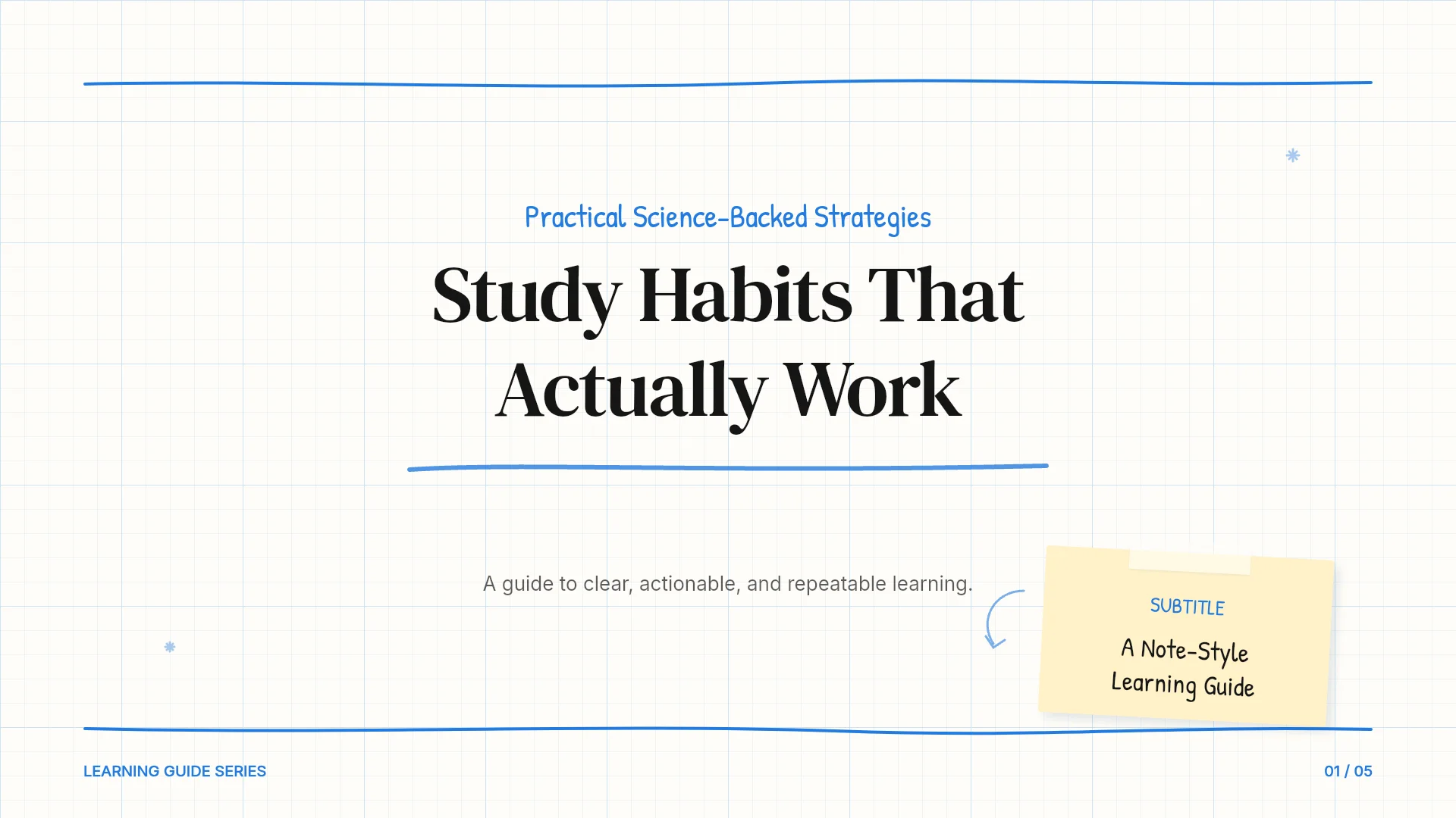 The first slide of the Smart Study Habits Guide template. Cover of the Smart Study Habits Guide template