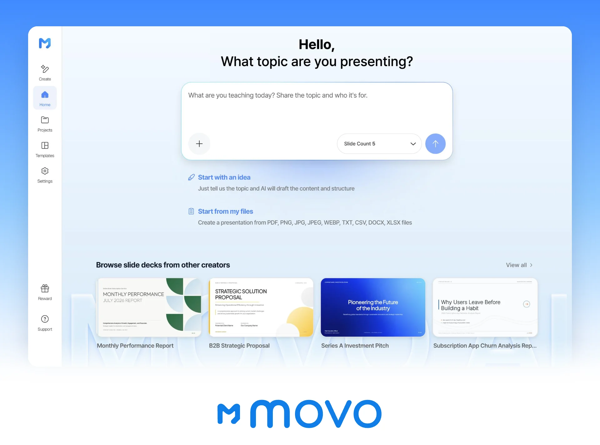 The MOVO workspace start screen, above the MOVO logo